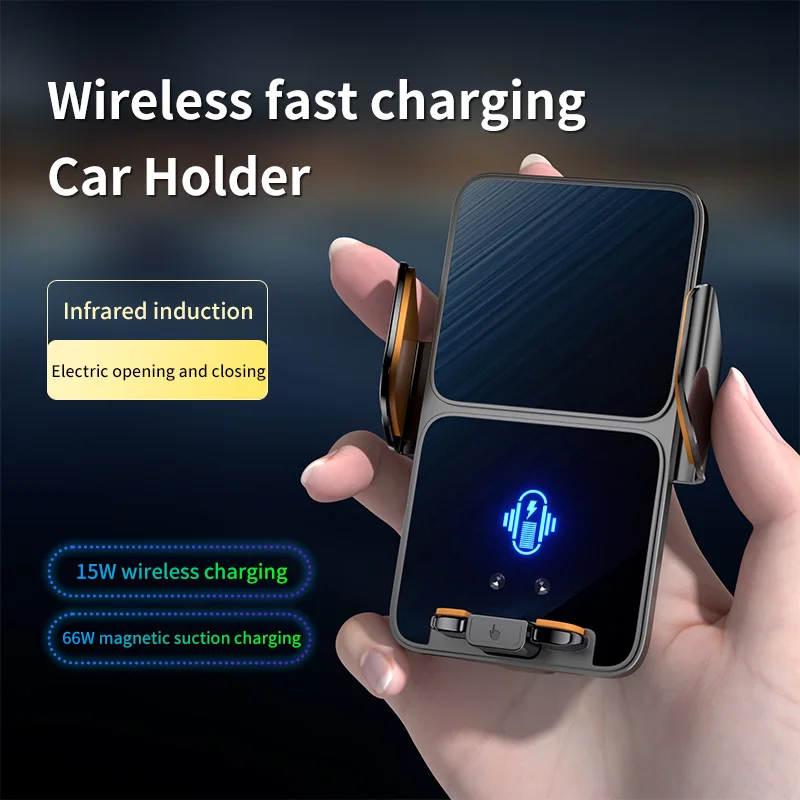 15W Wireless + 66W Mag Tips Car Charger – IR Auto Clamp, Built‑in Battery, 360° Rot, Low Temp, Vent Mount for iPhone & Android