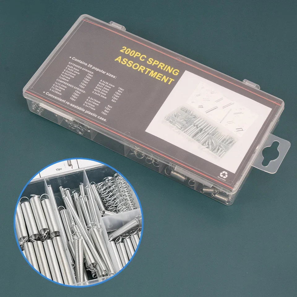 Produktbild von Yuentoen 200-teiliges Federn-Sortiment – Druck- & Zugfedern, 20 Größen, Verzinkt, In Box
