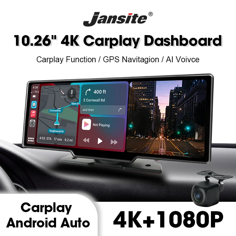 

Jansite 10.26" Dash Cam Rearview Camera Carplay & Android Auto Smart Player with Voice Control Car DVR BT FM Mirror Monitor