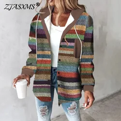 Women's Autumn Clothes Stripe Plaid Print Drawstring Hooded Coat Cardigan Winter Long Sleeve Single Breasted Shirt Outerwear Y2K