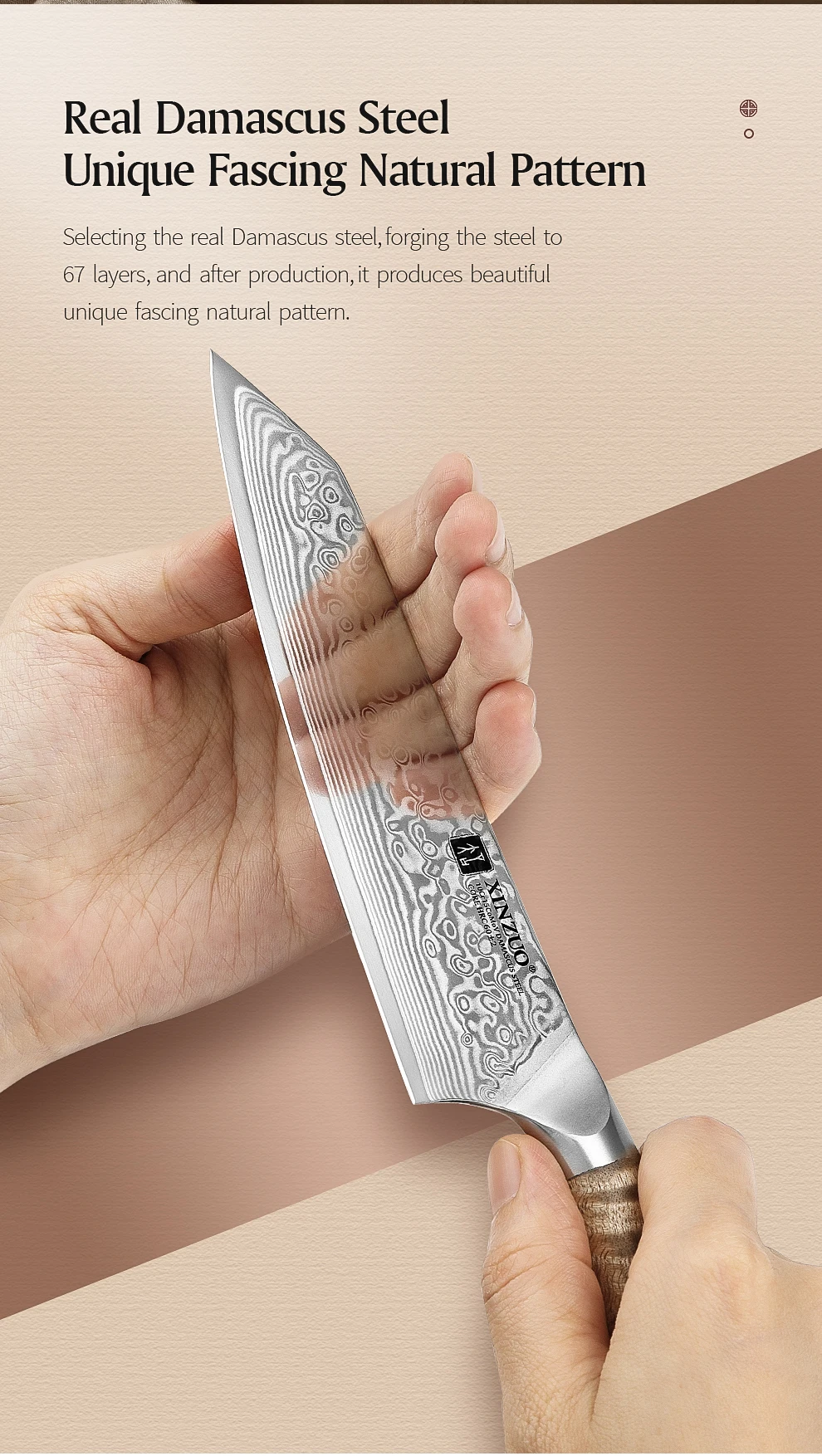 XINZUO 5,8 Zoll Bunka-Messer, 67-lagiger Damaststahl, Edelstahl, ergonomisch gestalteter Griff mit zarter Geschenkbox – Detail 5