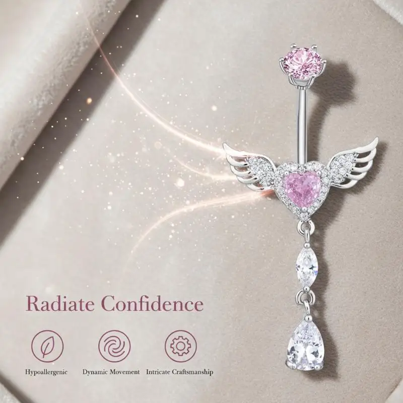 Dangle Wing Heart Belly Button Rings Shiny Inlay Hypoallergenic Stainless Steel Navel Ring for Daily & Beach Vacation