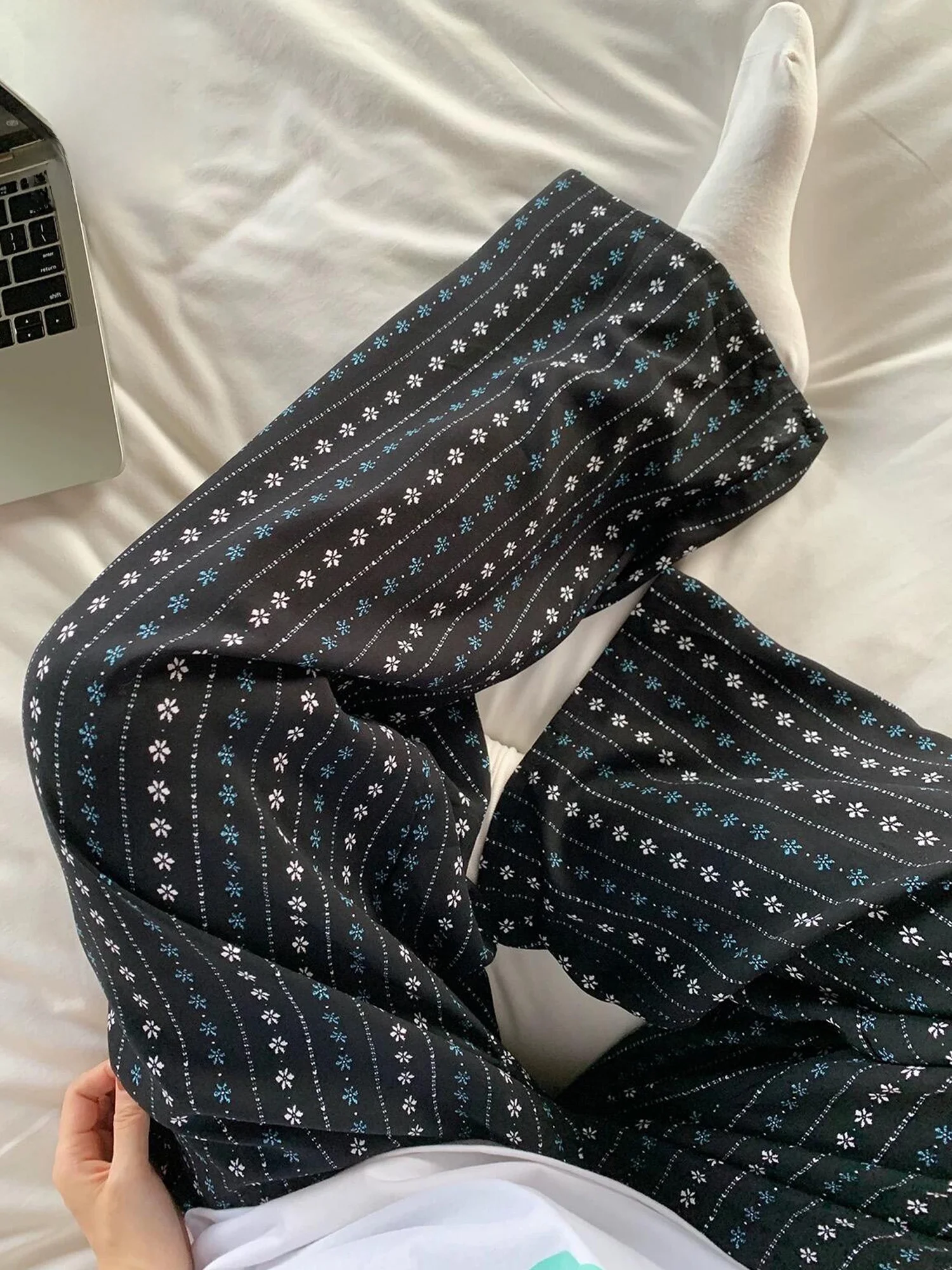 

Lightweight Cotton Silk Pants Women's Summer Thin Wide Leg Floral Walking Pants Artificial Cotton Mosquito Proof Sleepwear
