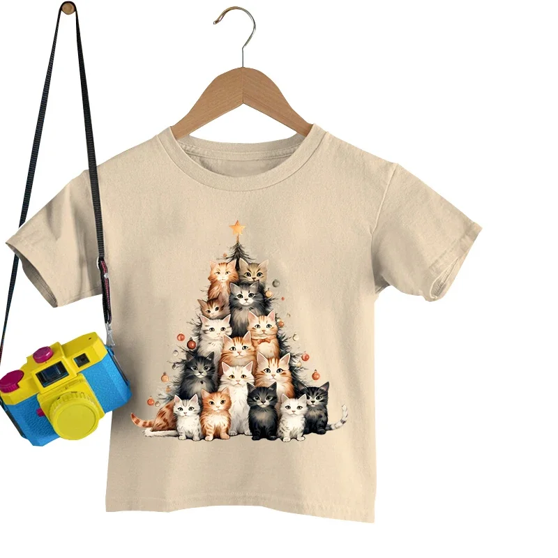 Christmas Cat Tree Print Children T-Shirt Kawaii Animal Kids Cartoon Tshirt Xmas Short Sleeve Clothes Girl Boy Tee Shirts Tops