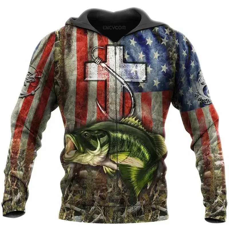 Otoño e Invierno nueva sudadera con capucha con cremallera para hombres con patrón de pesca de carpa 3D impreso moda al aire libre Sudadera con