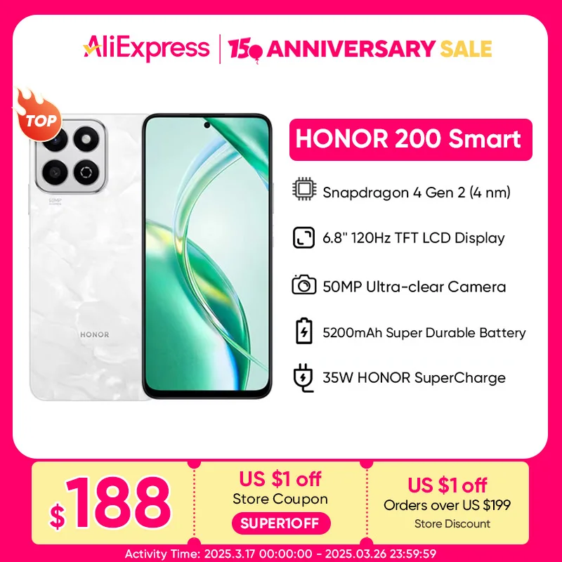 Global Version HONOR 200 Smart 5G Smartphone 6.8'' Anti-Drop Display 50MP AI Camera 5200mAh Ultra-Large Battery 35W SuperCharge