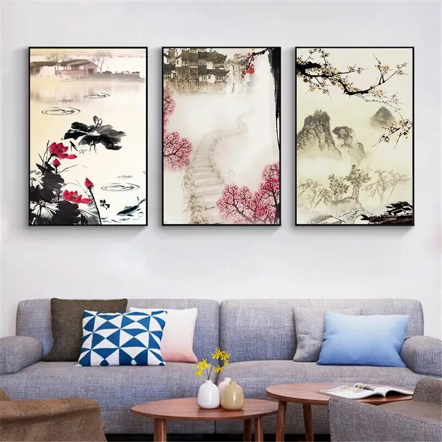 3 Stück Set chinesische Retro Berg und Fluss Häuser Mosaik Malerei Triptychon DIY Voll diamant Stickerei Bild kein Rahmen aa5189