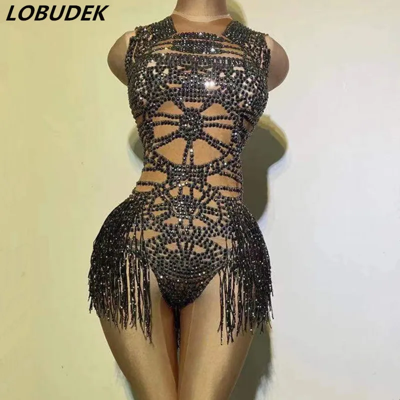 

Bar Black Tassel Rhinestones Stage Bodysuit Sexy Sleeveless Elastic Tight Women DJ Dancer Latin Dance Performance Fringe Leotard