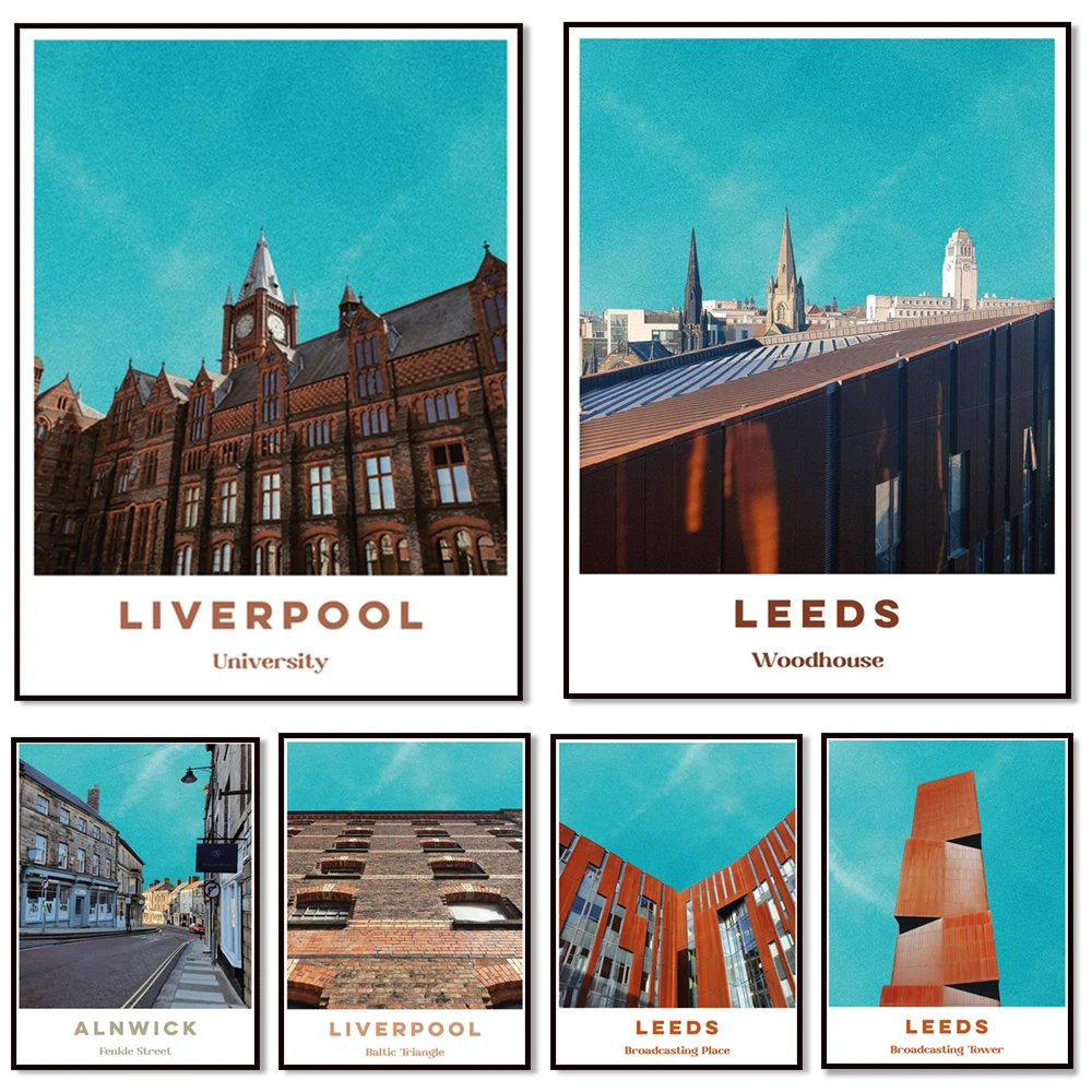 Woodhouse, Leeds, Plaza de San Ann, Manchester, Universidad de Liverpool, Casa de Parkinson, Carteles de viaje de Alnwick Northumberland