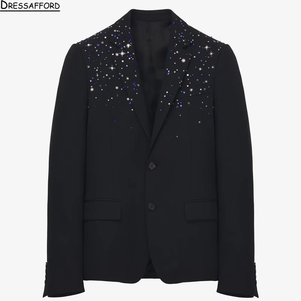 Sparkly Diamond Crystal Men Suits 2 Pieces Sets Groom Tuxedos Customized Wedding Party Blazer Notched Lapel Slim Ropa Hombre