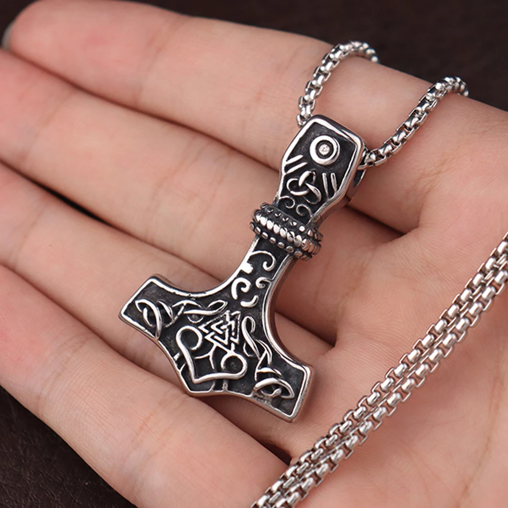 Stainless Steel Men's Nordic Viking Celtic Knot Hammer Pendant Chain Classic Scandinavian Warrior's Hammer Necklace Jewelry Gift