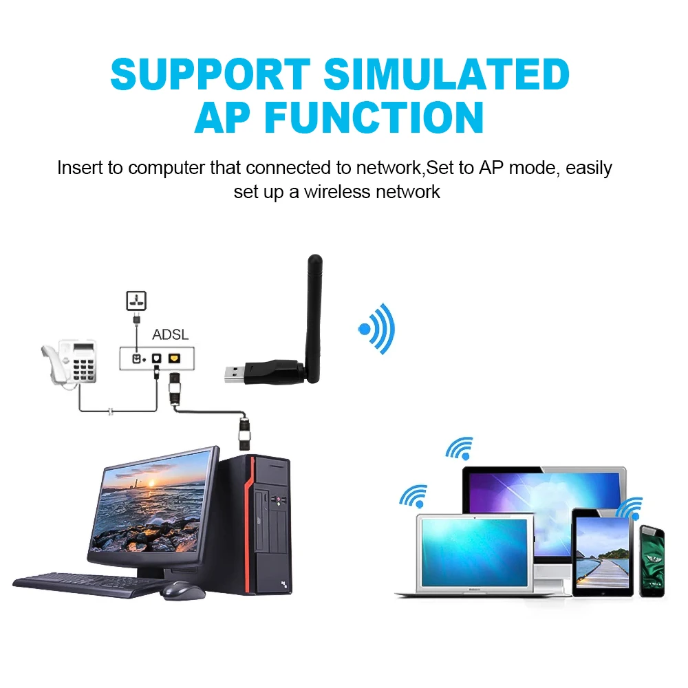 150Mbps WiFi การ์ดเครือข่ายไร้สาย 2.4GHz USB 2.0 อะแดปเตอร์ 802.11 b/g/n พร้อมชิปเซ็ตเสาอากาศ Ralink 8188ETV สําหรับแล็ปท็อปพีซี