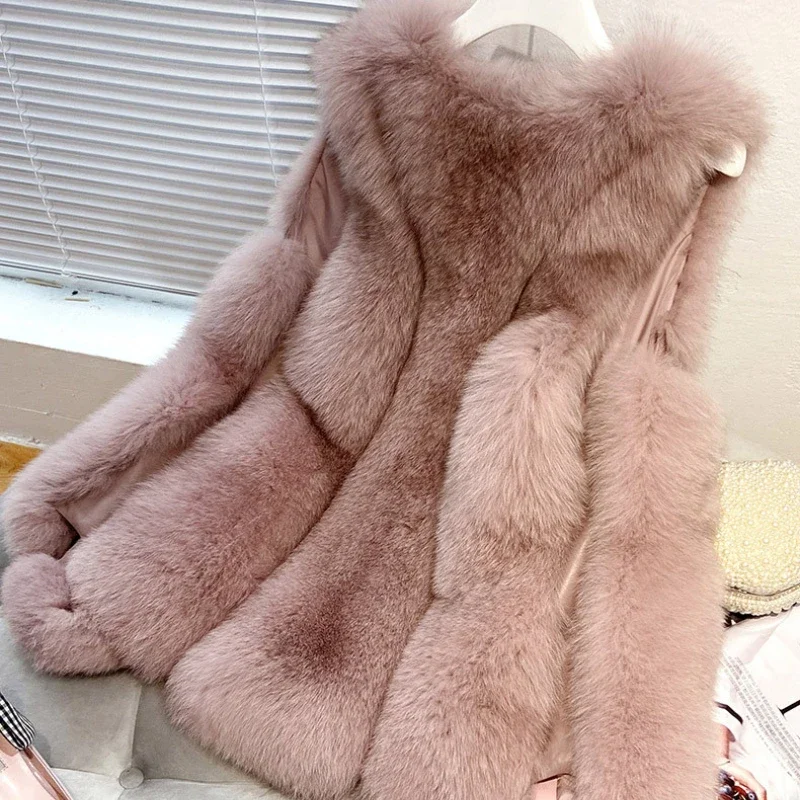 Otoño Invierno chaleco de piel para mujer grueso cálido largo de piel sintética chalecos empalmados de zorro mujer sólido cuello en V abrigo sin mangas hecho por el hombre para mujer