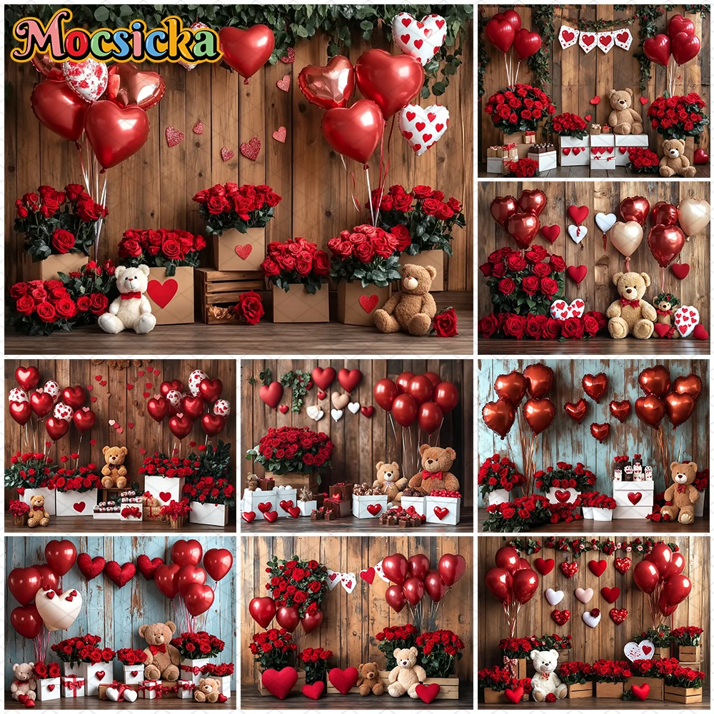 

Mocsicka Valentine's Day Photo Backdrop Red Rose Love Balloons Flowers Bear Wallpaper Decorations Girl Woman Wedding Backgrounds