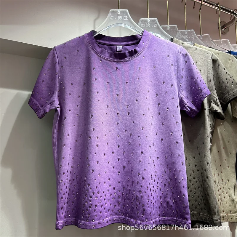 Chic Gradient Color Diamonds Beaded T-shirts Spring Summer Rhinestones Hot Drilling Tees Short Sleeve O-Neck Jumpers Crop Tops