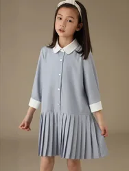 Autumn Girls Dress Spring Kids Princess Lapel Single-breasted Three Quarter Dress Casual  Children Clothing  Dresses 3-16 Years