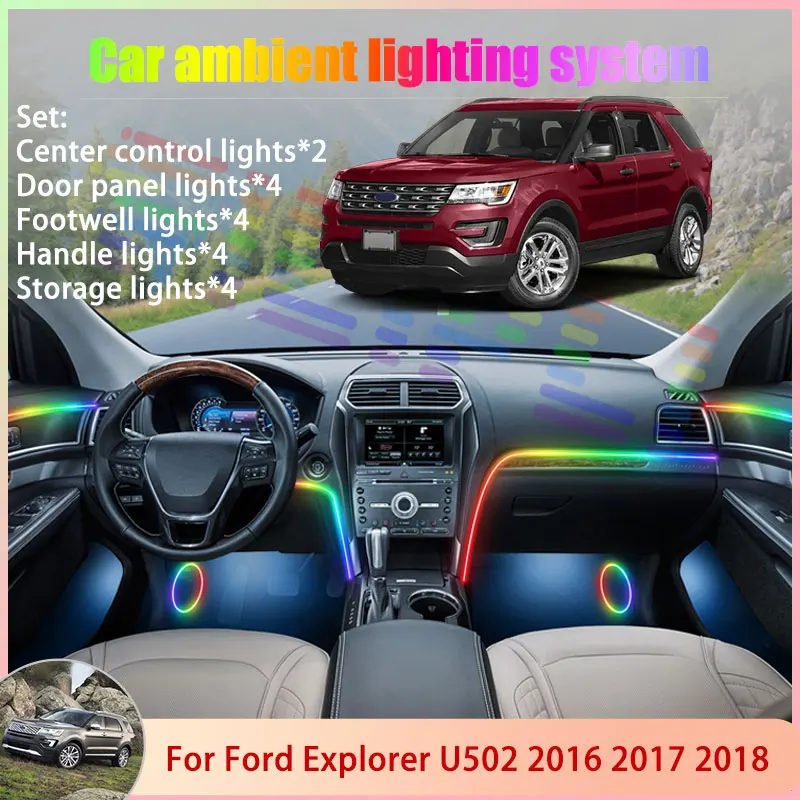 

Для Ford Explorer U502 MK5 5th 5th 2016 2017 2018 2/18 в 1 автомобильная атмосферная лампа RGB абажур ансамбль стример атмосферный комплект