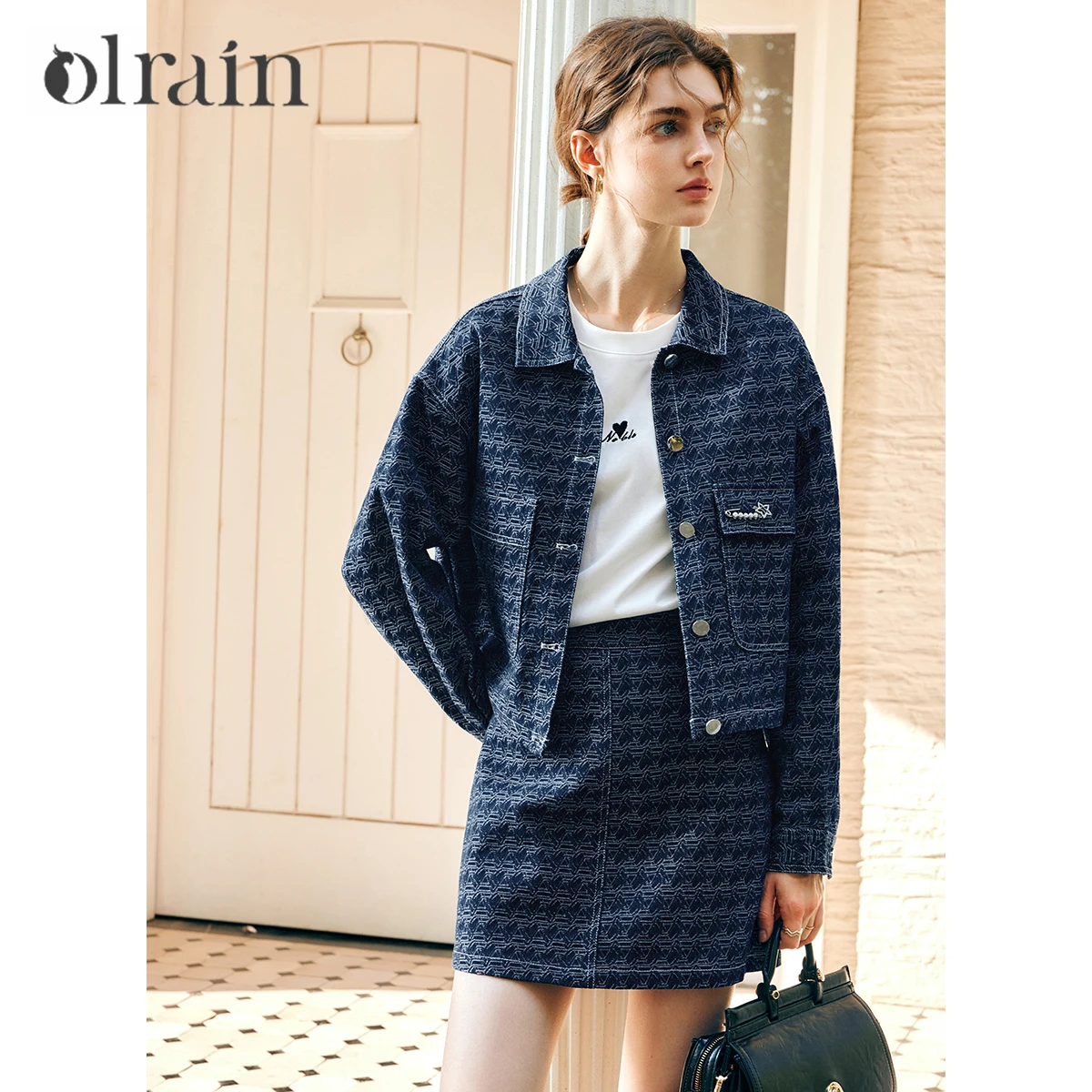 

OLrain Women's Two Pieces Set 2025 Elegant Turn Down Collar Long Sleeve Denim Jackets A-Line Mini Skirts Female Set M57CE96035