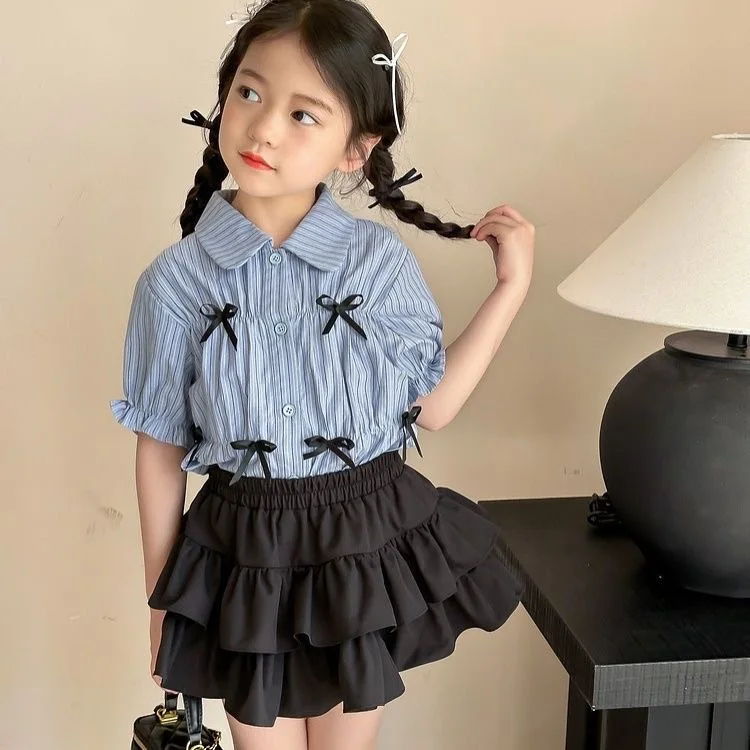 Childrens Sets Two Pieces Summer New Girls Academic Style Stripe Shirt Solid Color Cake Skirt Simple 2024 Turn Down Collar