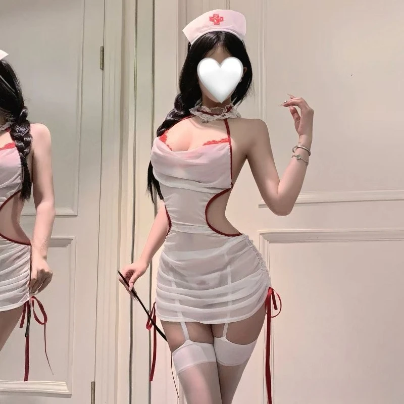 

Сексуальное женское белье, эротическая прозрачная юбка с запахом бедер, униформа медсестры, искушение, кавайный японский костюм для косплея, комплект одежды для сна с открытой спиной
