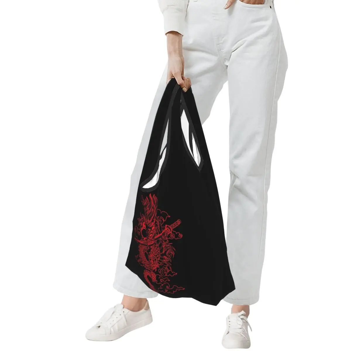 التنين الصيني الأحمر مع خلفية سوداء المحمولة حمل أكياس التسوق سعة كبيرة حقيبة المتسوق حقيبة يد البقالة حقيبة الكتف
