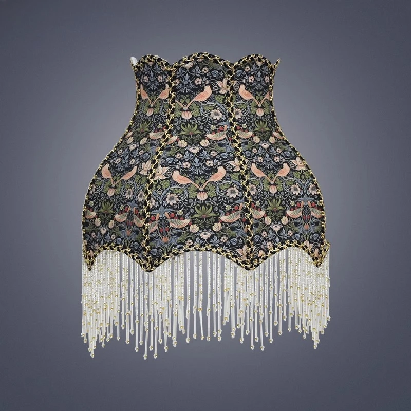 

Retro floral handmade printing bird hanging beads fringed brass plated desk lamp shade iron copper plated floor lamp