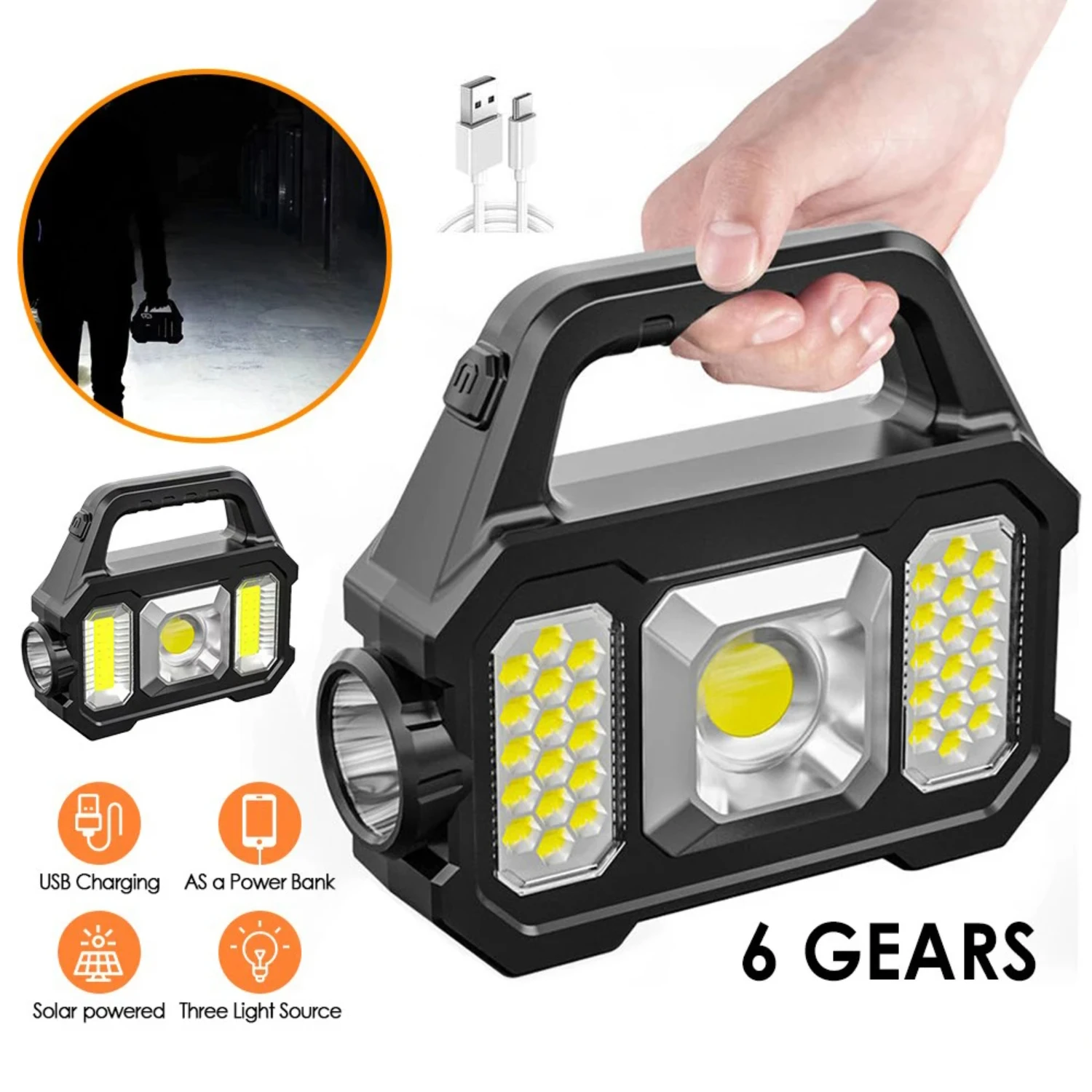 New Flashlight USB Charge  Torch 6 Gear COB/ Torch Light Portable Powerful Lantern Solar Light  Camping Hiking