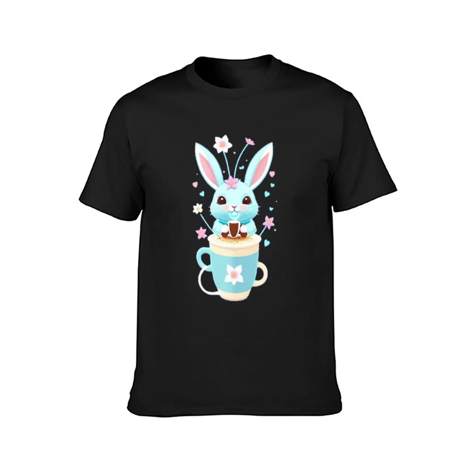 Cute bunny drinking chocolate cartoon kids teens fashion T-shirt oversizeds cute clothes heavyweight t shirts for men