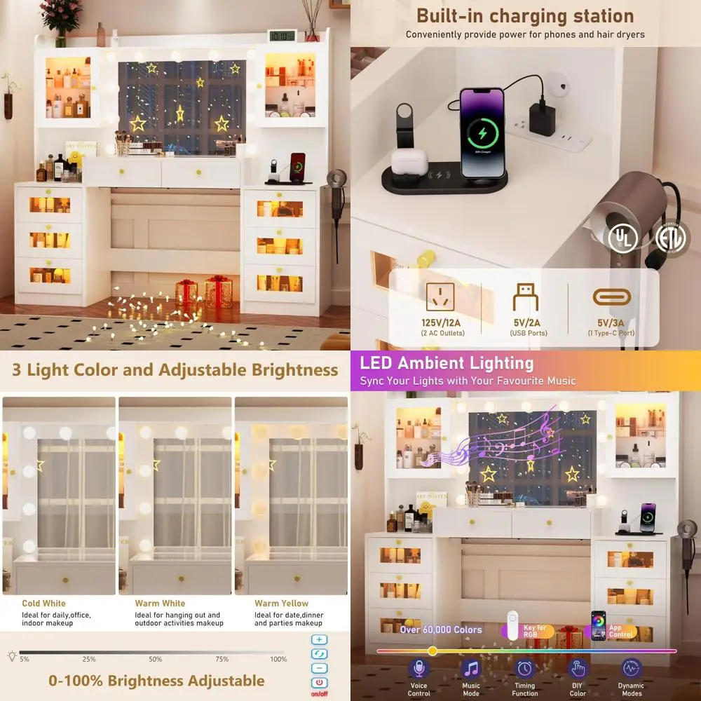 مكتب مكياج كبير مقاس 62 بوصة مزود بمرآة مضيئة وسطح زجاجي ومخرج طاقة وتخزين 8 أدراج