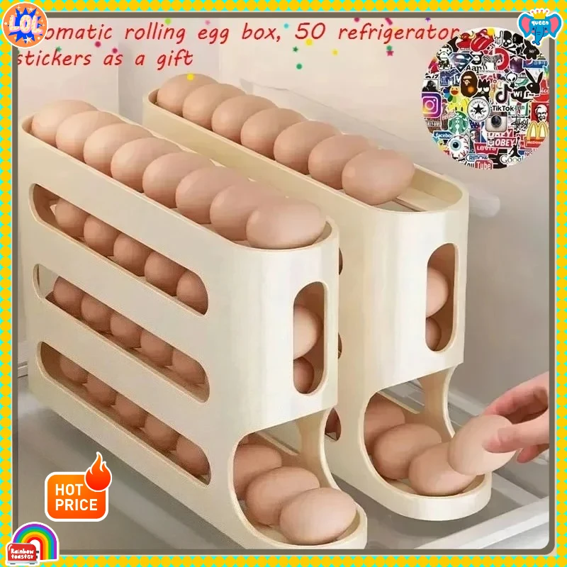 Large Capacity Auto-Rolling Egg Box - 4-Layer Refrigerator Organizer with Sliding Groove, Side Door Egg Storage Drum