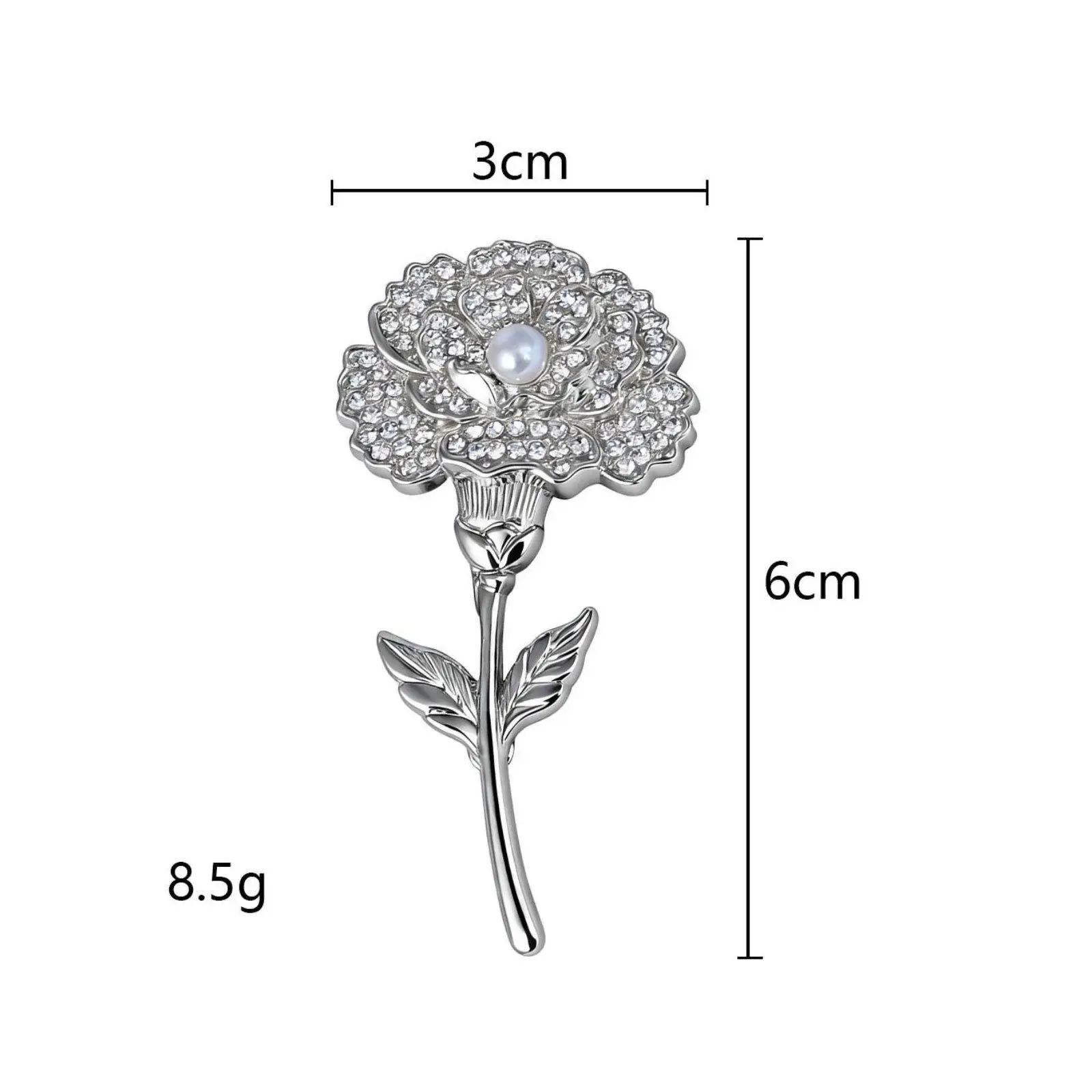 Rhinestone Carnation Flower Brooch for Women Elegant Crystal Pearl Pin Luxury Coat Scarf Decor Gift