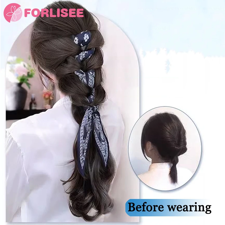 16 Inch Long Straight Synthetic Vintage Cashew Floral Headband Braided Twist Claw Clip Ponytail Wig Suitable for Women's Daily