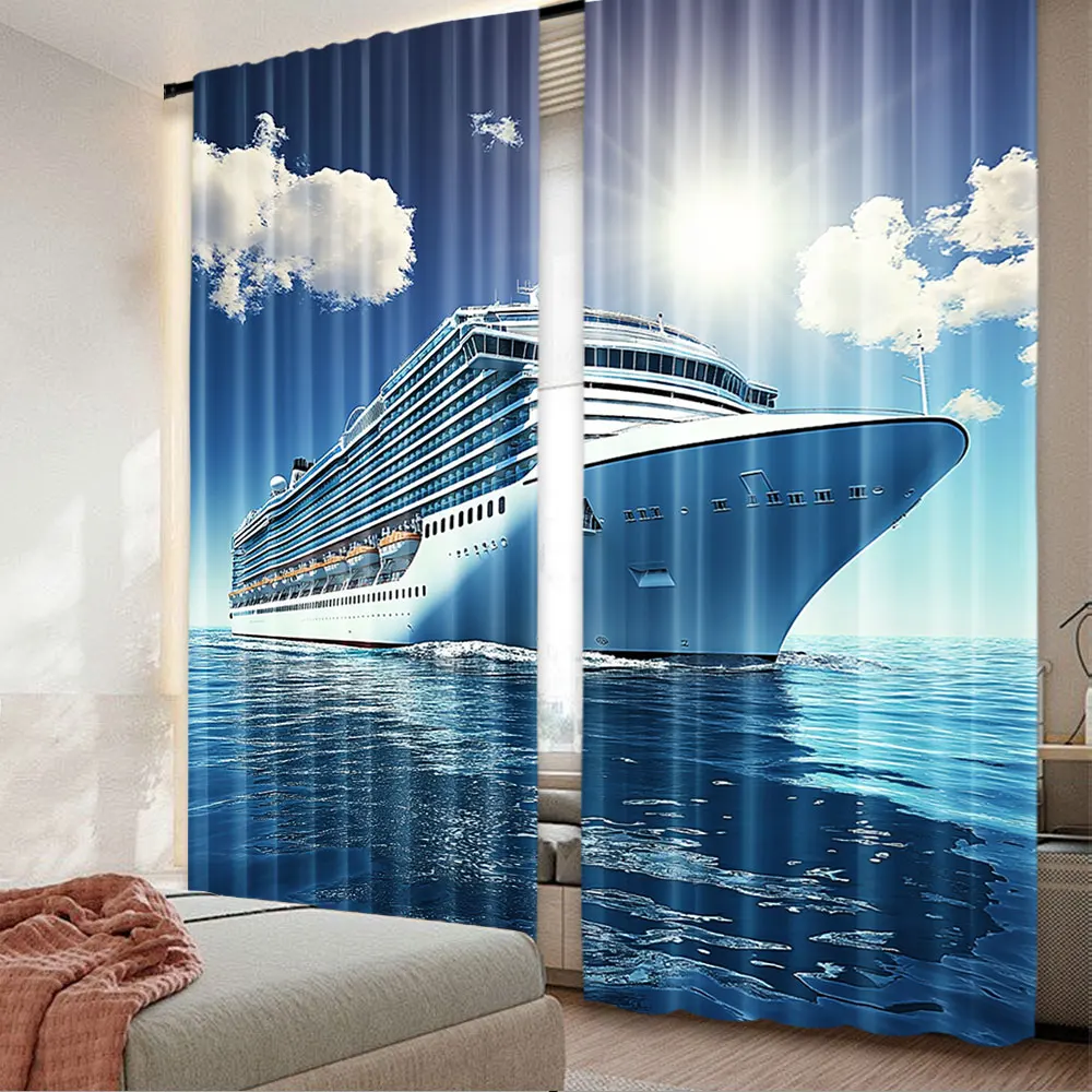 2Pcs Cruise Ship Curtain Sea Ocean Blue Nautical Wall Hanging Holiday Travel Party For Adults Bedroom Aesthetic Living Room