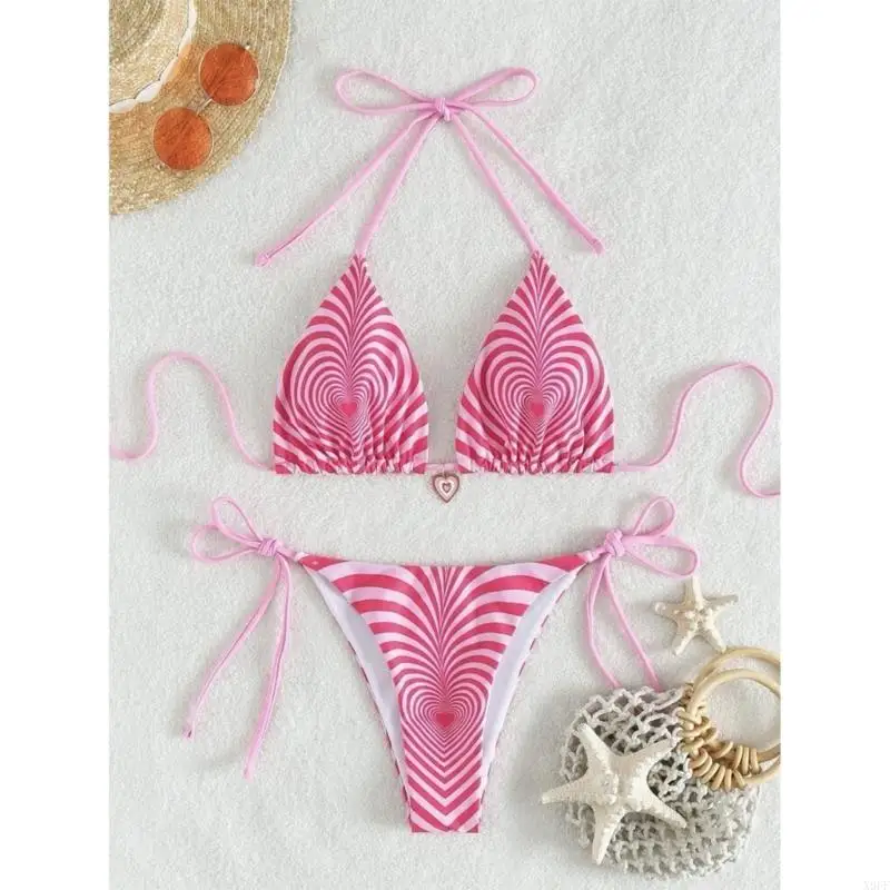 

X9FF Women Lacing Bathing Suit Set Thong Beachwear Colorful Printed Strappy Swimwear