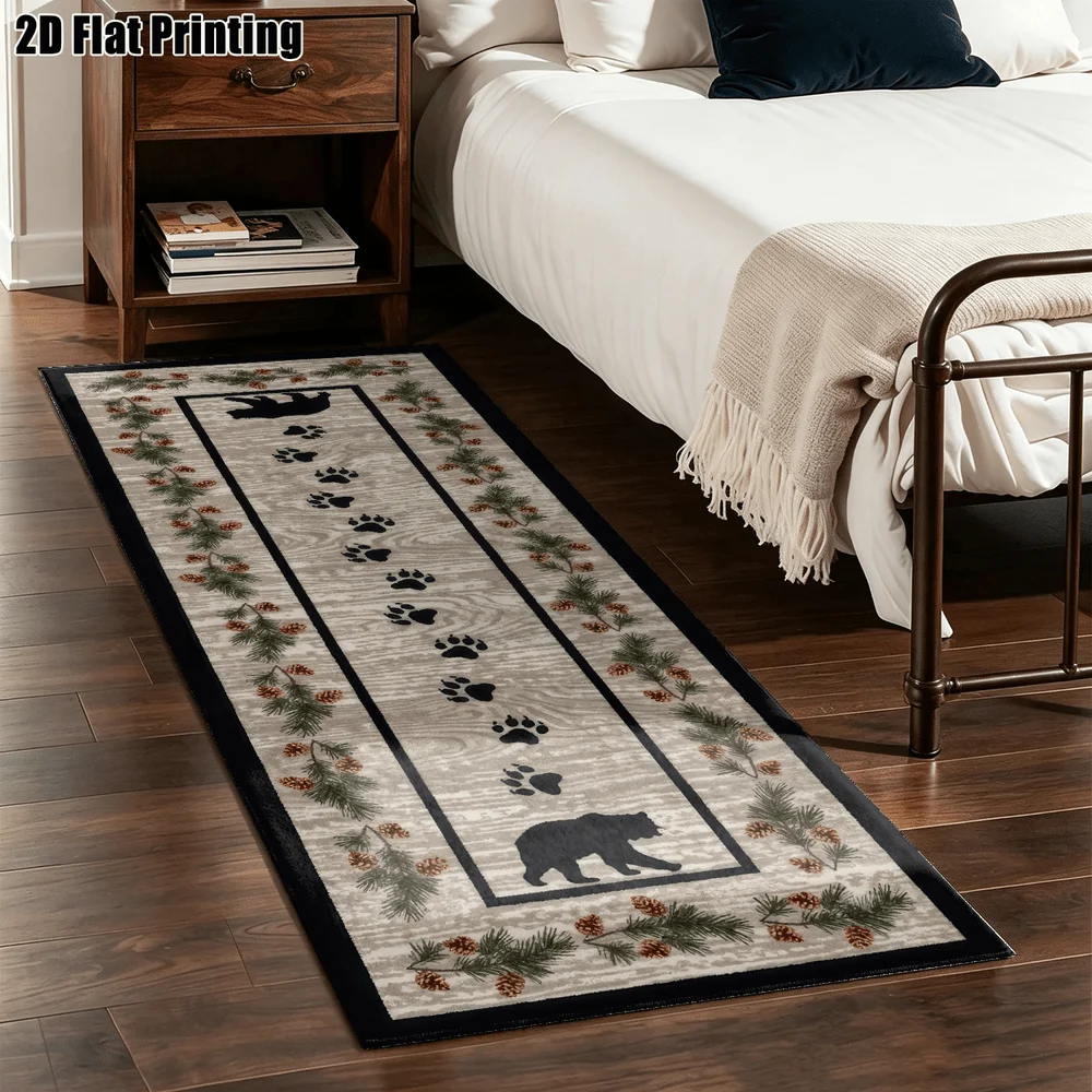 1Pc Rural Wooden House Style Black Bear Paw Print Long Carpet, American Retro Style Corridor Carpet, Suitable for Kitchen, Bedroom, Foyer, Balcony, Entrance, Bedside, Modern Light Luxury Style Home Soft Decoration