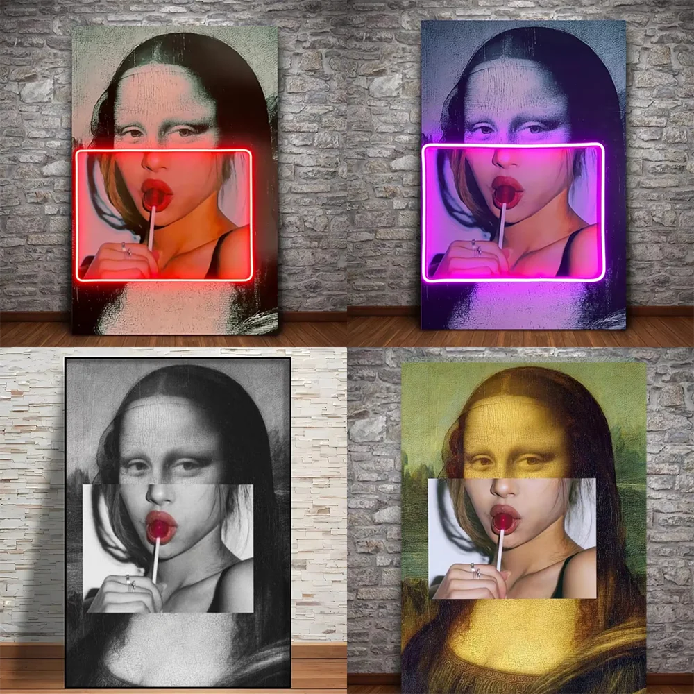 Mona Lisa with Lollipops Neon Canvas Painting Pop Art Canvas Print Posters Abstract Portrait Fashion Wall Art Picture Home Decor