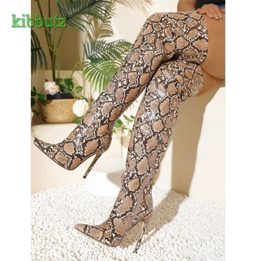 Snake Print Leather Over The Knee Boots,Pointed Toe Stiletto Women Shoes Side Zip Long Boots Autumn 2023 New Zapatos Para Mujere