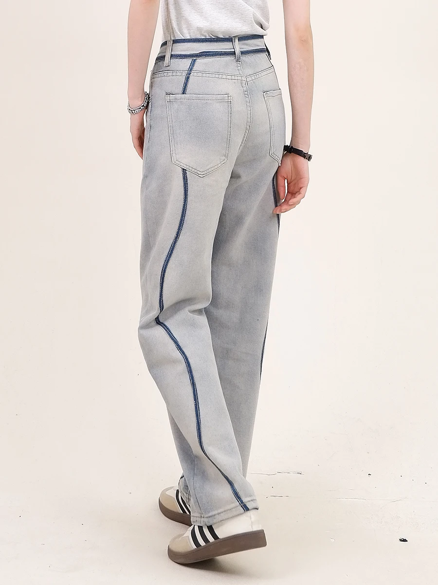 Spliced Design Washed Denim Jeans for Women in Spring 2024, New Korean Version Retro Versatile Wide Leg Straight Leg