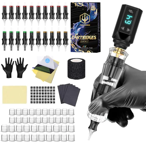 Imagen 2 del producto Kit de tatuaje POSEIDON V5, nuevo Kit de pluma de tatuaje para maquillaje permanente, Kit de máquina de tatuaje transparente, fuente de alimentación para tatuaje, Kit de tatuaje