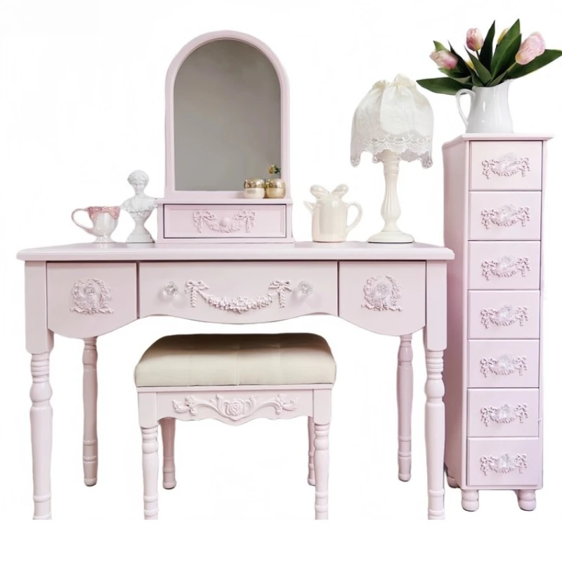 French vintage Carved Solid Wood Dressing Table Dopamine Bedroom Small Apartment Dressing Table Girl's Heart Desk