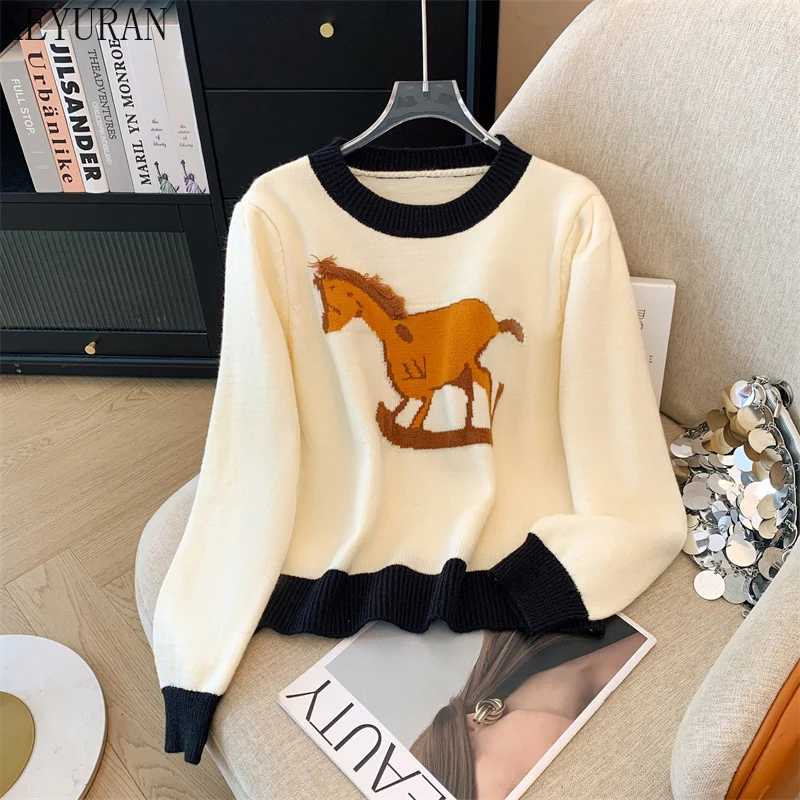 

Lazy Style Fun Pony Pattern Soft Pullover Sweater for Women Autumn Winter Casual Loose Versatile Short Knitted Sweaters Jumpers