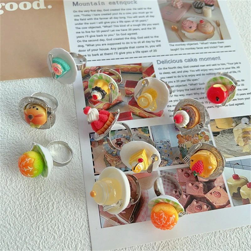 Strawberry Cake Rings Jelly Pudding Ice Cream Cherry Fruit Ring Exaggerated Vintage Chunky Girls Rings Cute Accessories