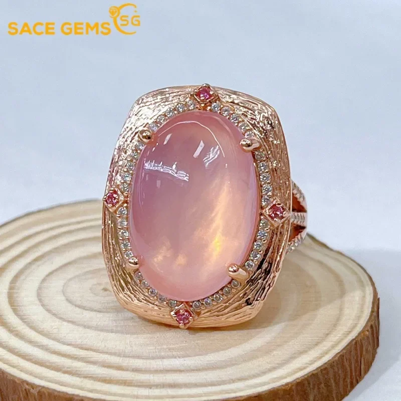 

SACE GEMS 925 Sterling Silver 15*21mm Natual Rose Quartz Luxury Rings for Women Created Wedding Engagement Party Fine Jewelry