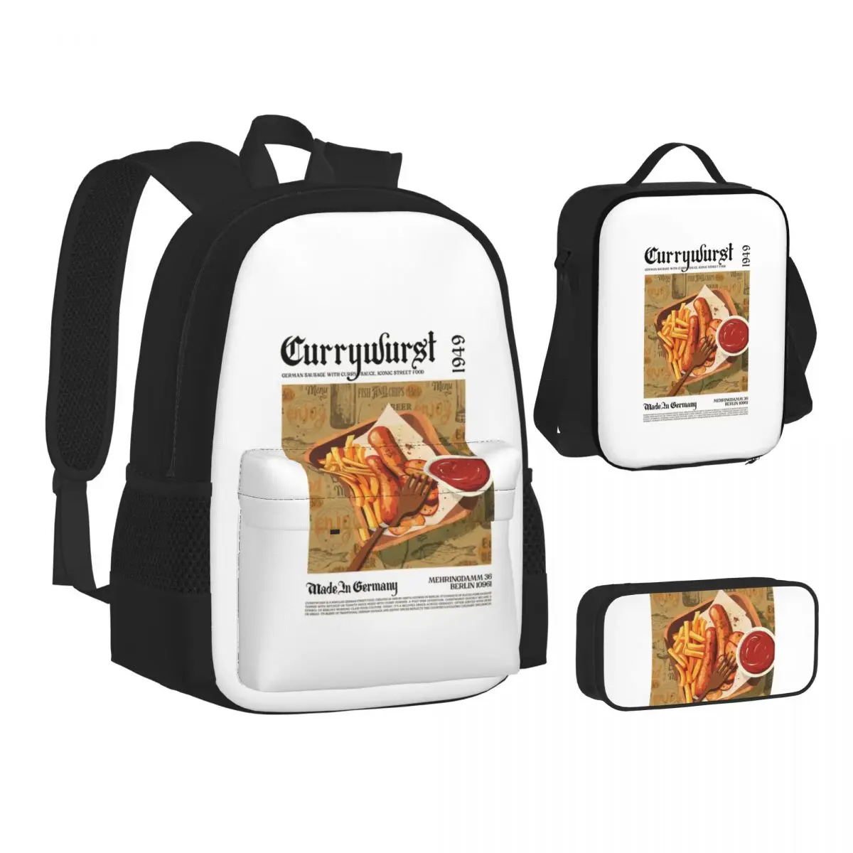 Currywurst Wall Art Backpacks Boys Girls Bookbag Children School Bags Kids Rucksack Lunch Bag Pen Bag Three-Piece Set