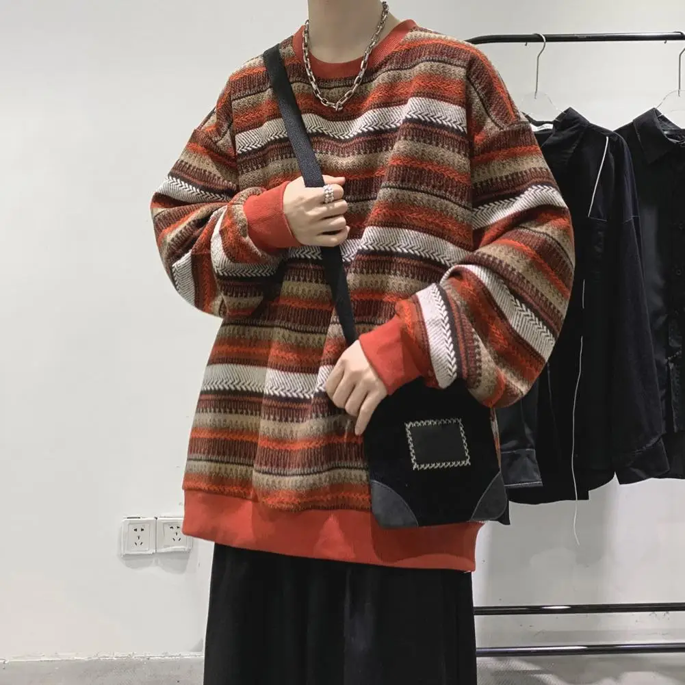 Autumn Pullover Men Women Vintage Striped Oversize Sweater Long Sleeve Knitted Tops Hip Hop Streetwear Pullover Female