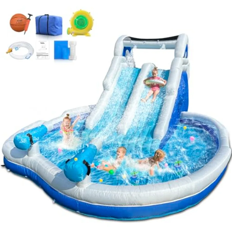 

Backyard summer party inflatable water park for big kids: 17.7FT double structure with splash pool climbing wall water cannons;