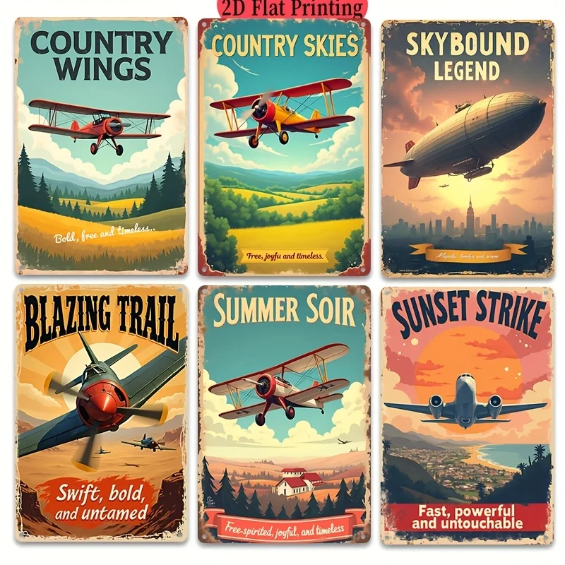 2D Flat, 2D Flat - Set of 6 Vintage-Style Metal Signs Featuring Airplanes, Ideal for Adding a Stylish Touch to Modern Kitchens,