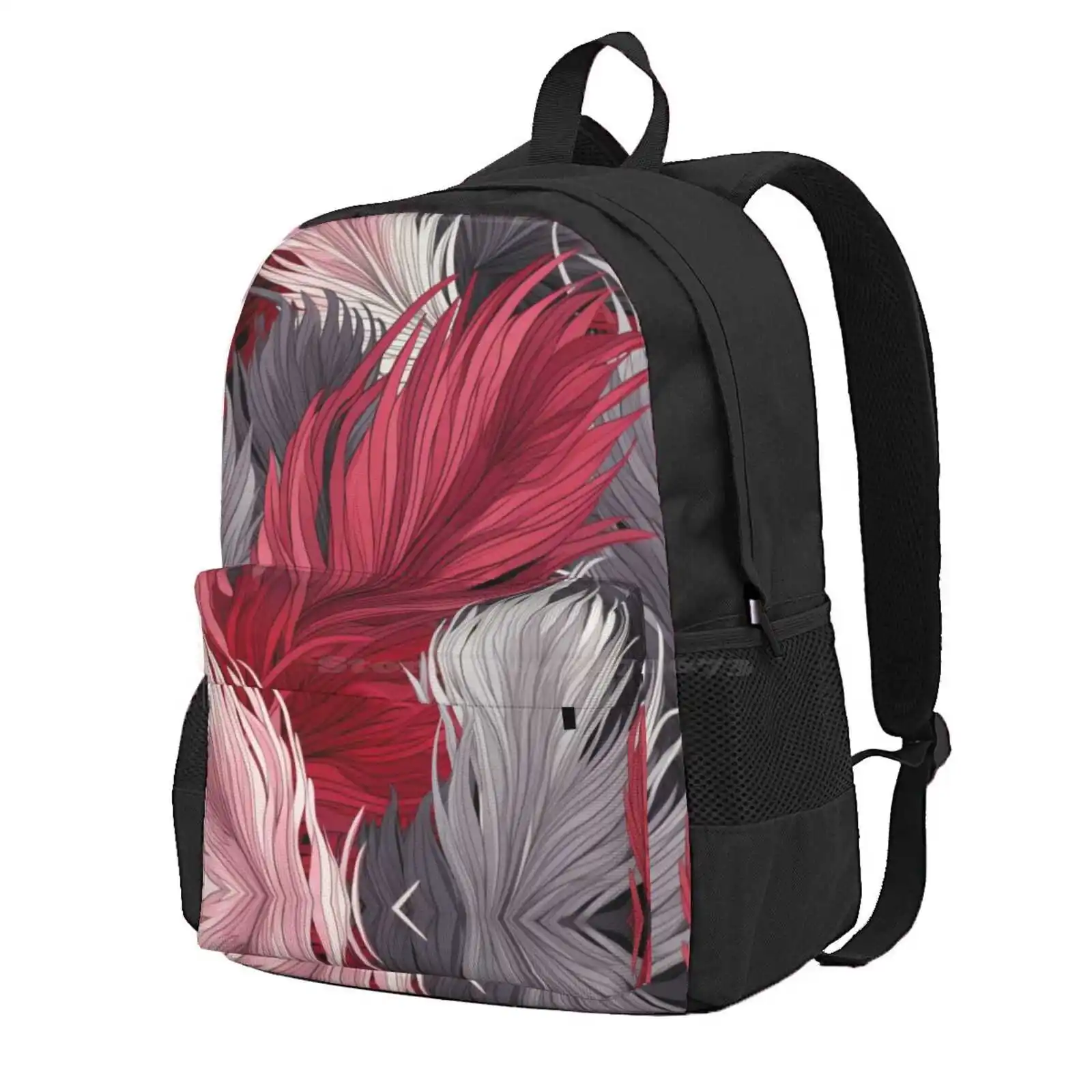 Red And Grey Feathers Pattern Hot Sale Schoolbag Backpack Fashion Bags Grasses Pampas Giant Plumes Birds Feathers Red Grey Pink