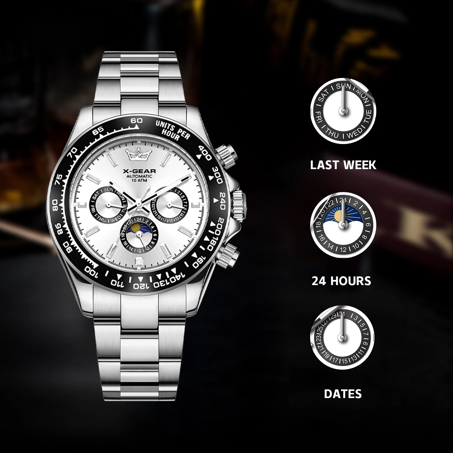 X-GEAR นาฬิกาข้อมือผู้ชายสุดหรูรุ่นใหม่ – ระบบกลไกอัตโนมัติ หน้าปัดย่อยสามชั้น หกเข็ม แสดงผลแบบเรืองแสง กันน้ำ สายสแตนเลส