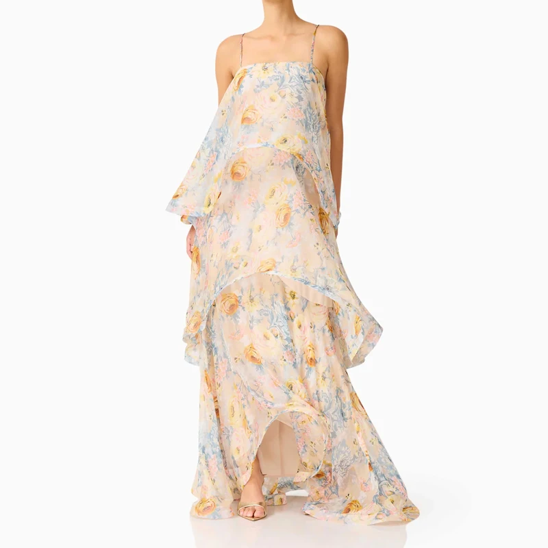 

Elegant Party Layered Vacation Dresses Sexy Off Shoulder Ruffle Spaghetti Strap Dress Women Casual Sleeveless Floral Print Gowns